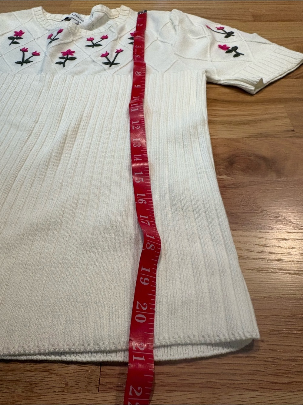 CeCe Cream Short-Sleeve Knit Top with Pink Floral Embroidery - Picture 3 of 4